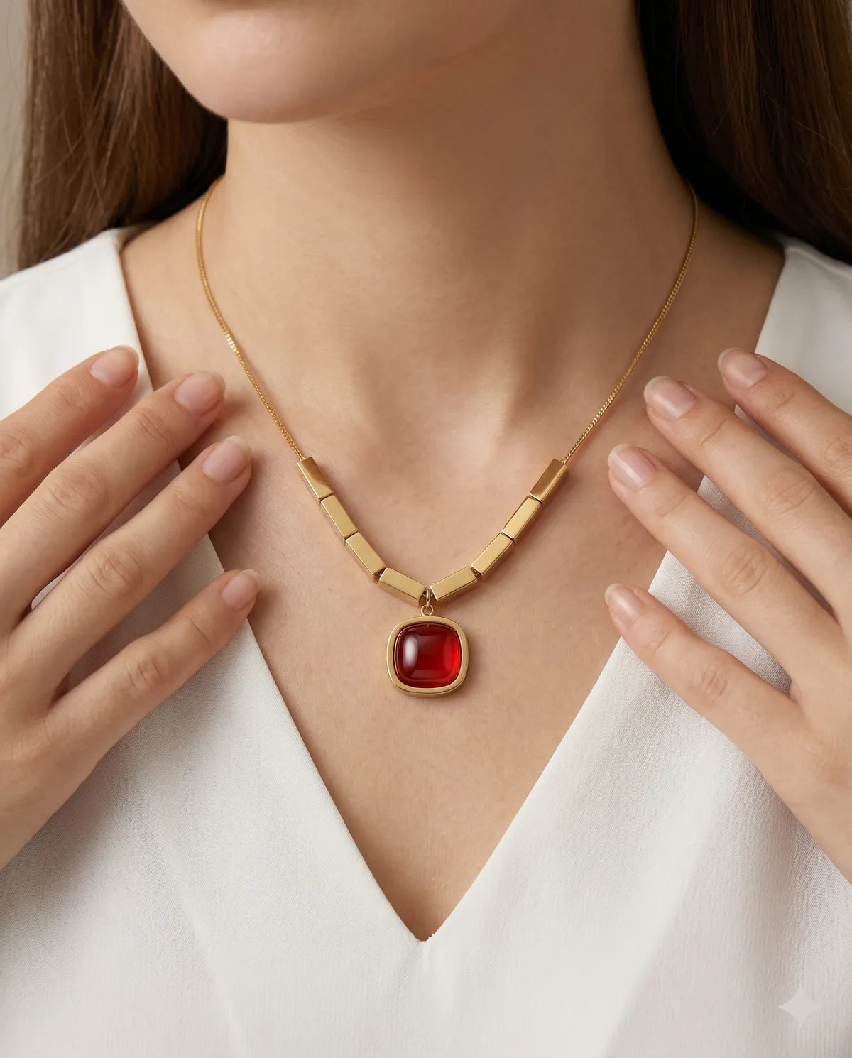 Gold Finished Peach Crystal Octagon Pendant Minimalist Necklace