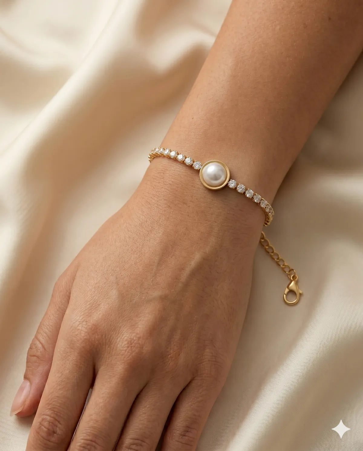 Gold Finished Pearl Centerpiece Tennis Bracelet