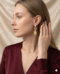 Gold Finished Pearl Leaf Charm Dangle Earrings