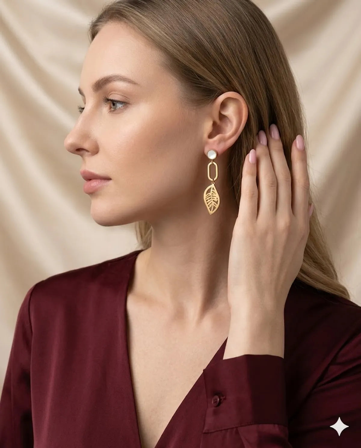 Gold Finished Pearl Leaf Charm Dangle Earrings