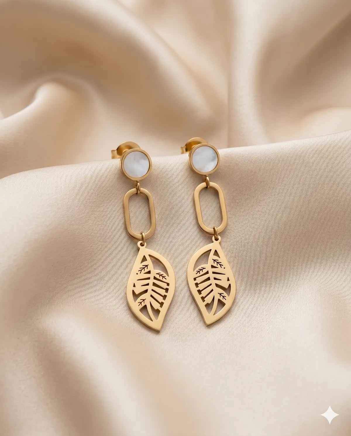 Gold Finished Pearl Leaf Charm Dangle Earrings