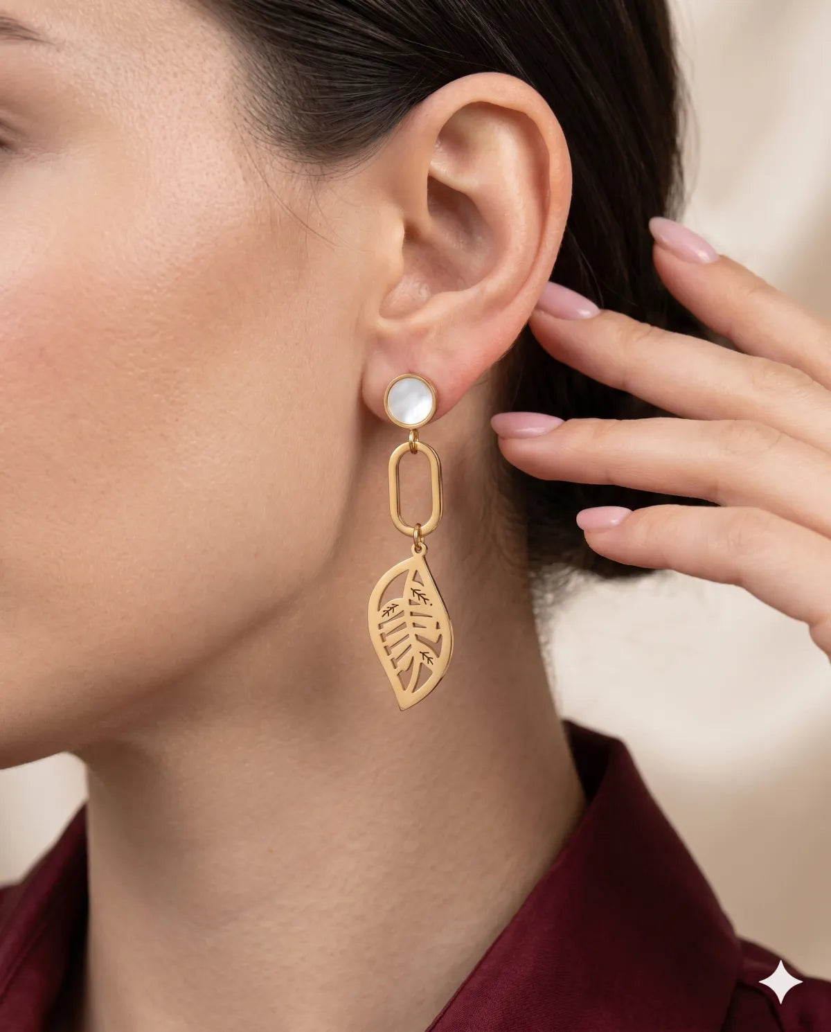 Gold Finished Pearl Leaf Charm Dangle Earrings