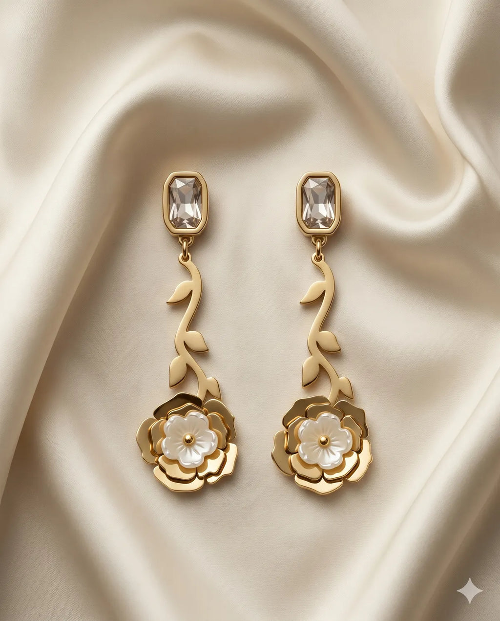 Gold Finished Pearl Rose Flower Dangle Earrings