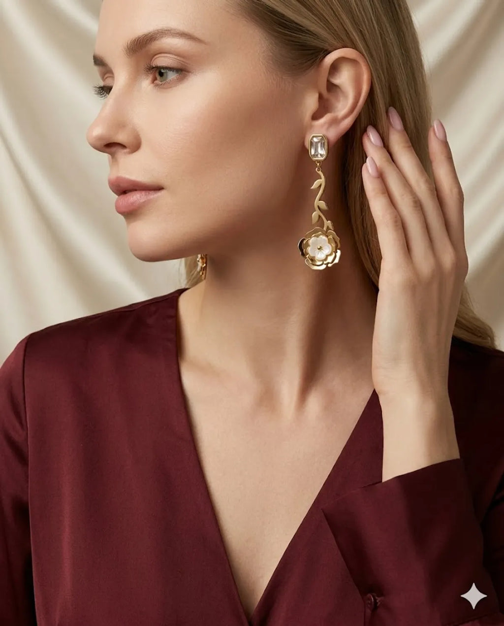 Gold Finished Pearl Rose Flower Dangle Earrings