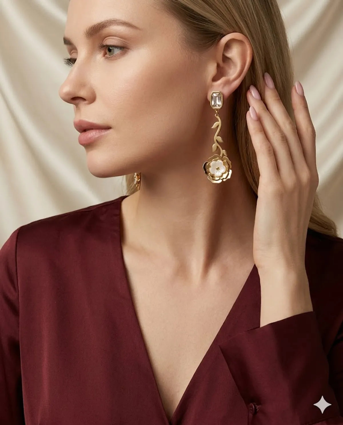 Gold Finished Pearl Rose Flower Dangle Earrings