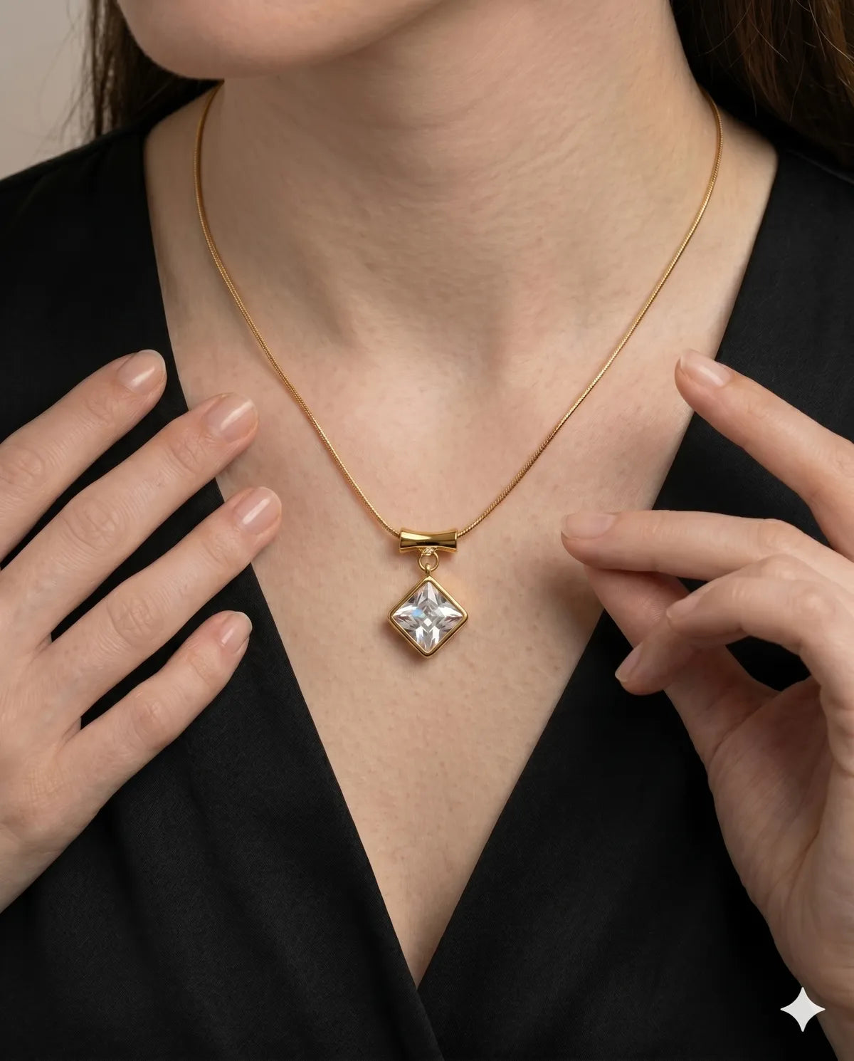 Gold Finished Square Crystal Minimalist Pendant Necklace