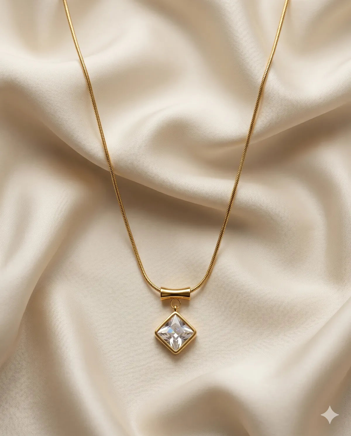 Gold Finished Square Crystal Minimalist Pendant Necklace