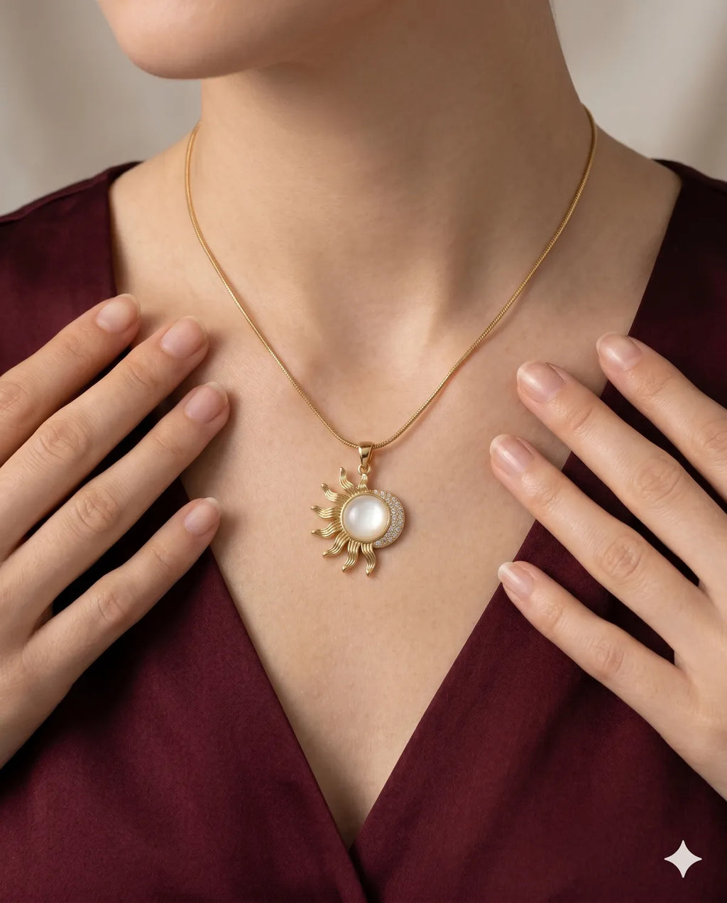 Gold Finished Sun Moonstone Pave Crystal Necklace