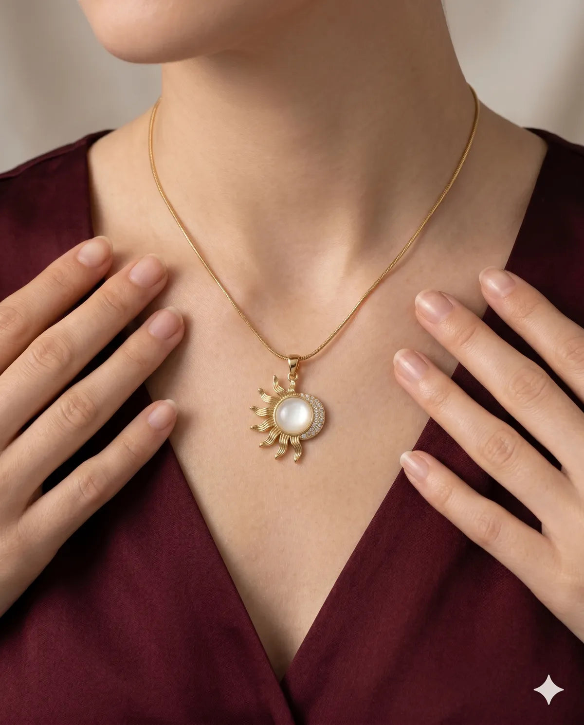 Gold Finished Sun Moonstone Pave Crystal Necklace