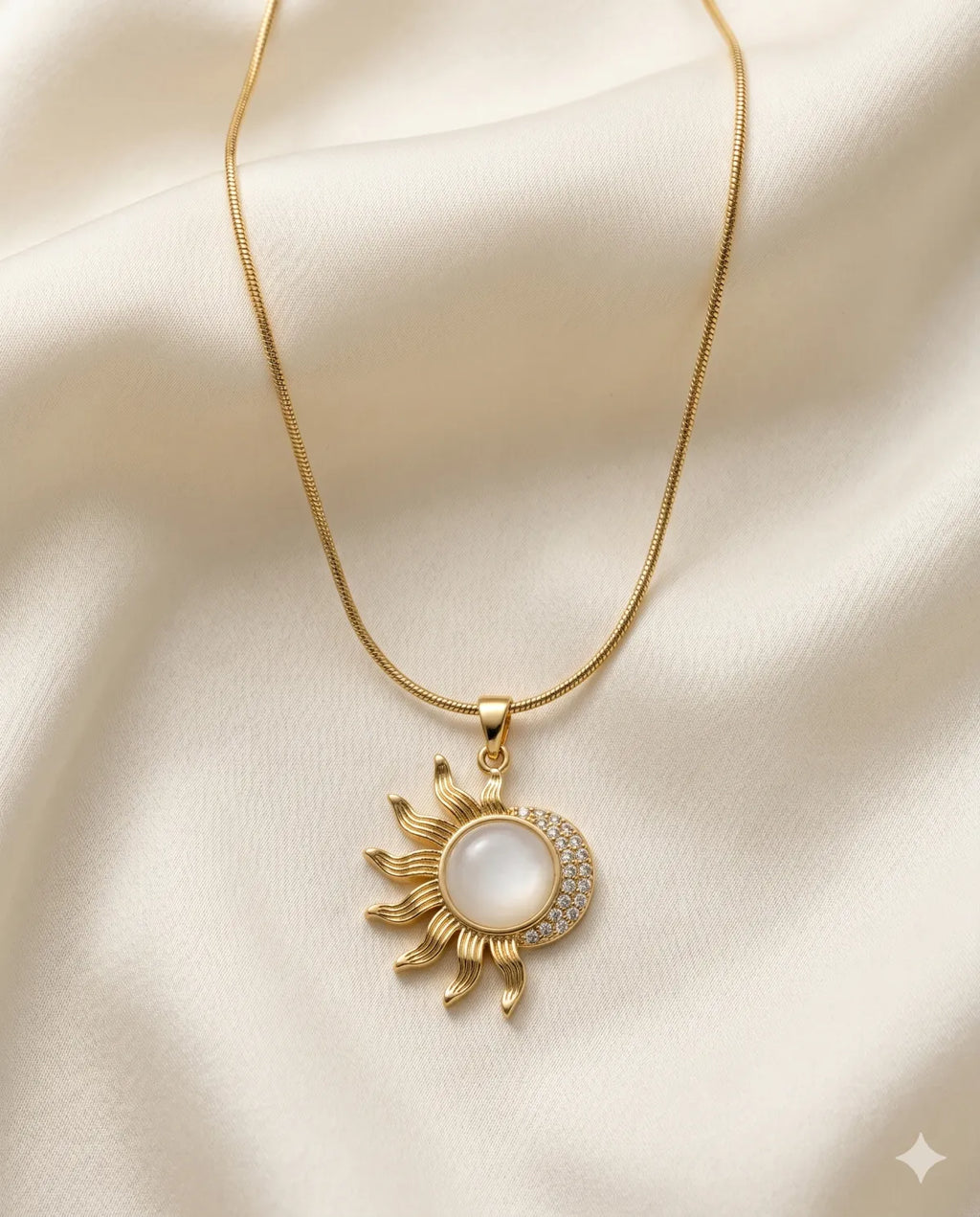 Gold Finished Sun Moonstone Pave Crystal Necklace