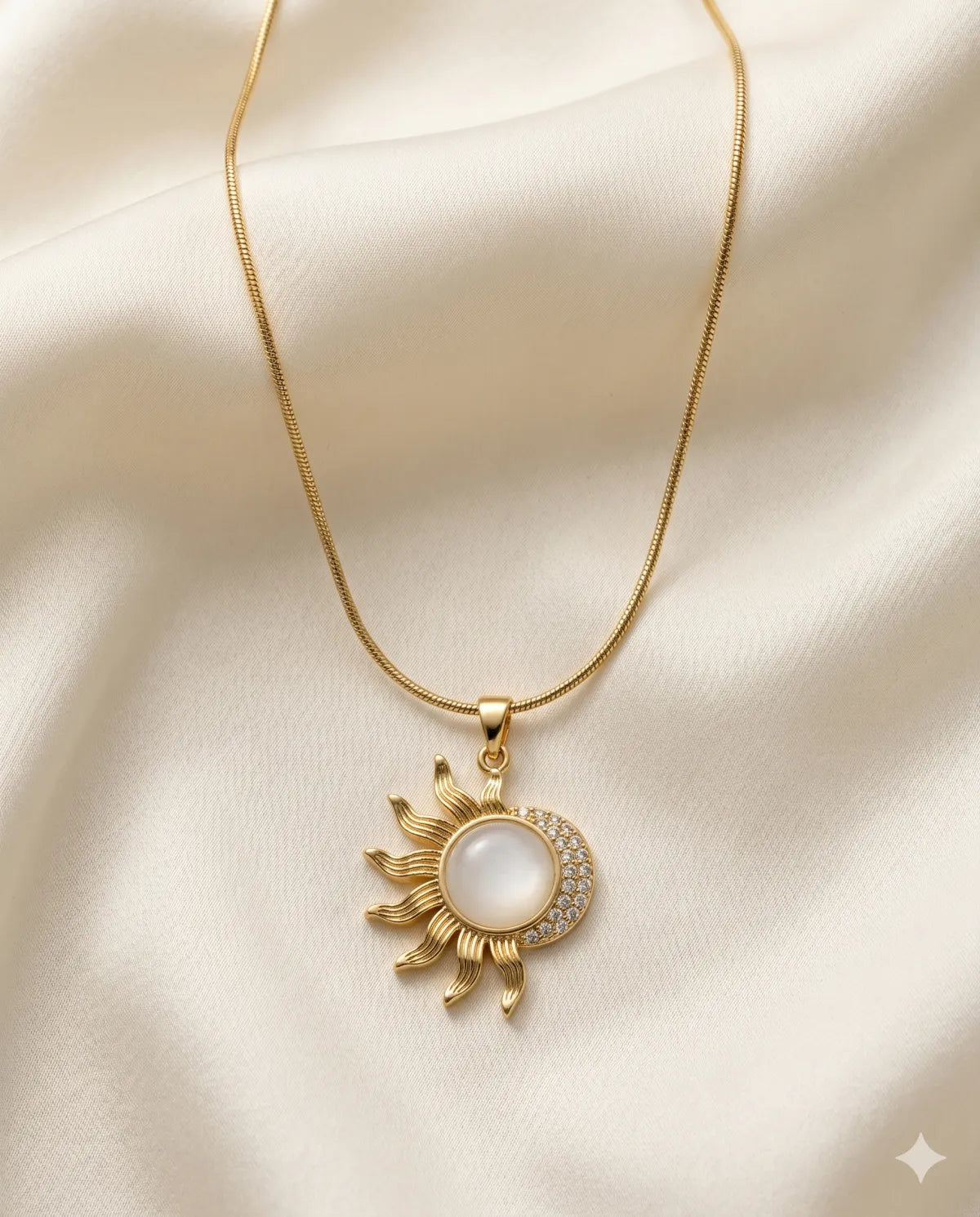 Gold Finished Sun Moonstone Pave Crystal Necklace