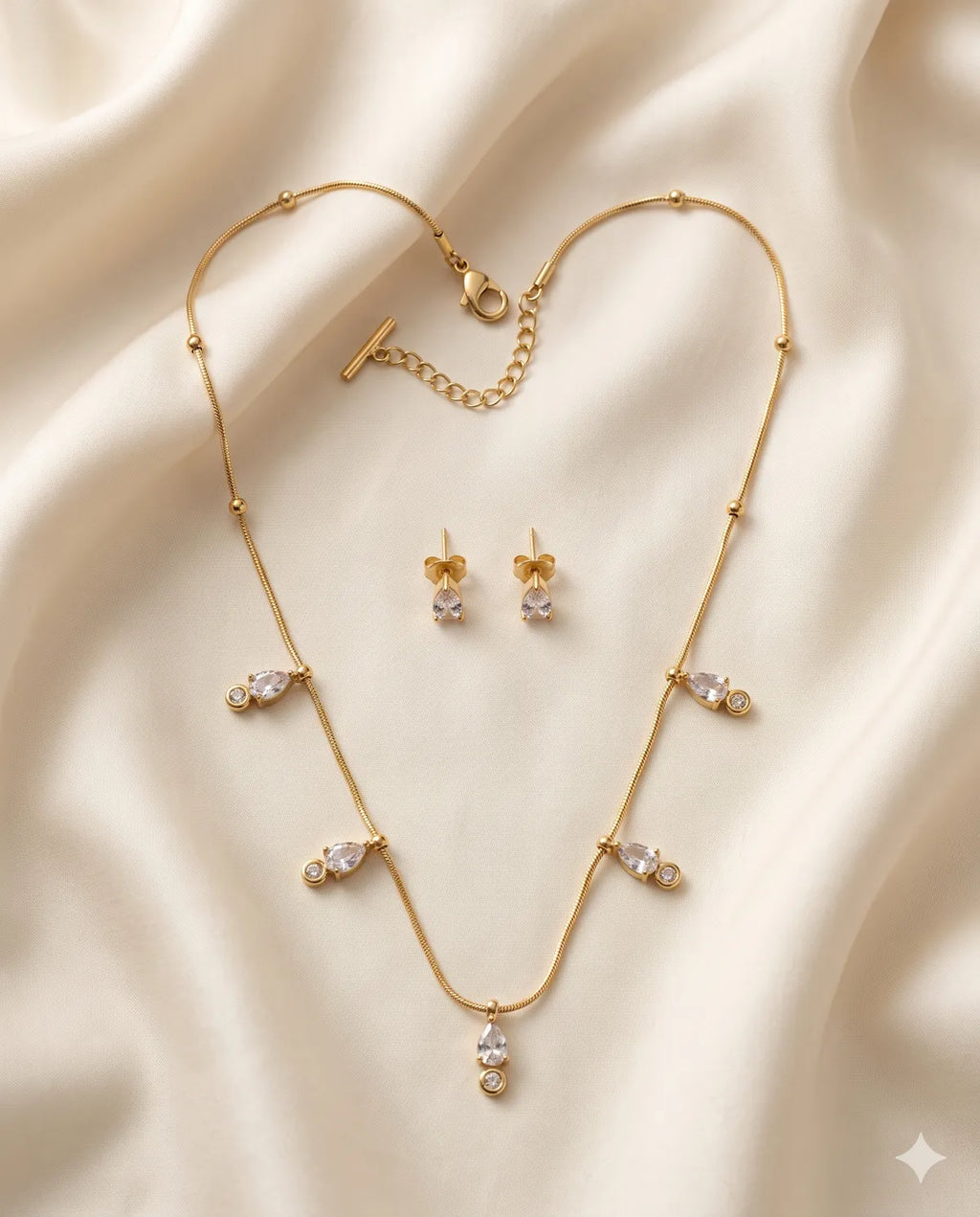 Gold Finished Teardrop Crystal Pendant Necklace Combo Set