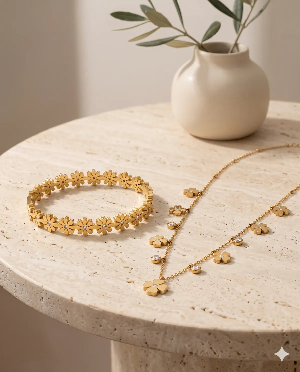 Gold Floral Charm Necklace and Bracelet Combo Set