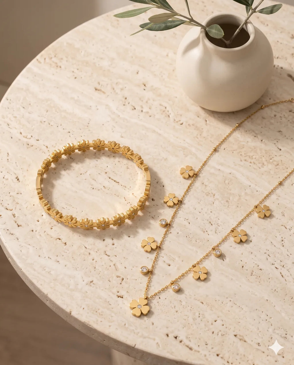 Gold Floral Charm Necklace and Bracelet Combo Set
