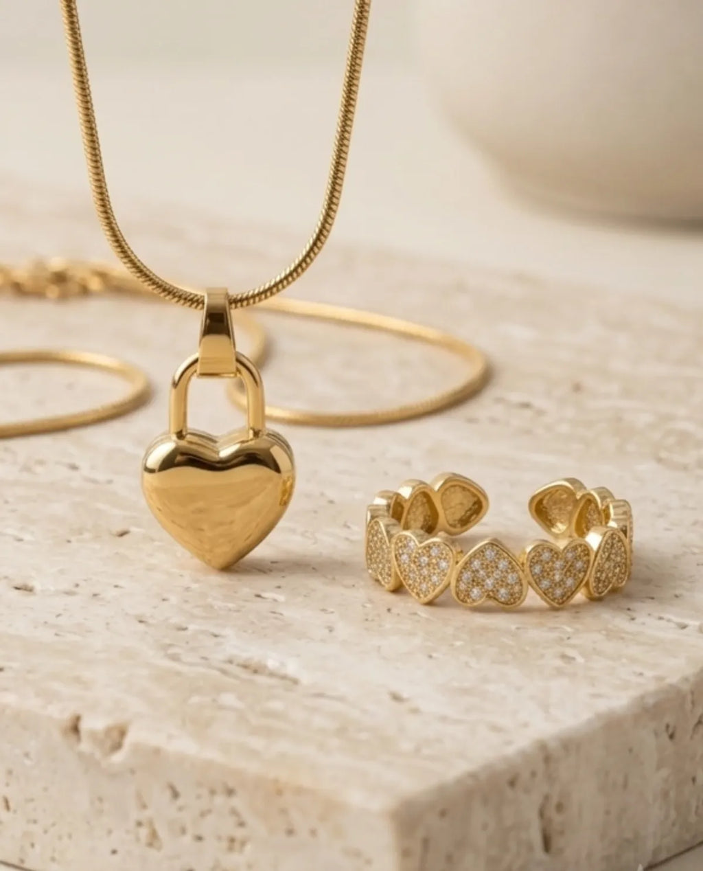 Gold Heart Locket Necklace and Pave Ring Combo Set