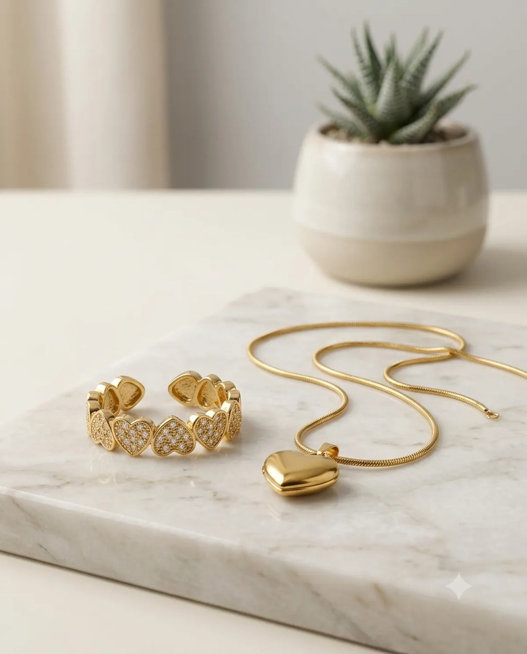 Gold Heart Locket Necklace and Pave Ring Combo Set