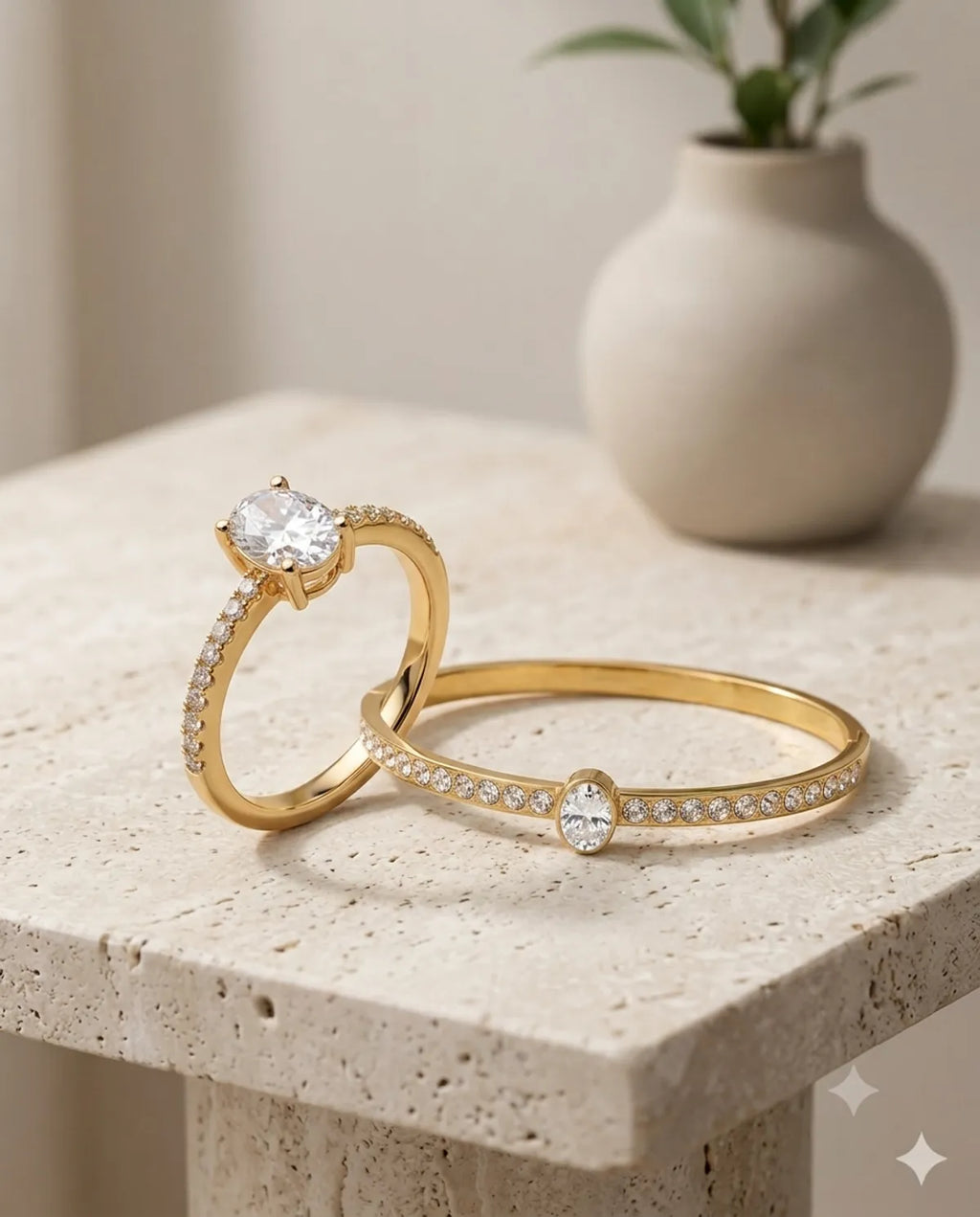 Gold Oval Solitaire Crystal Ring Bracelet Combo Set