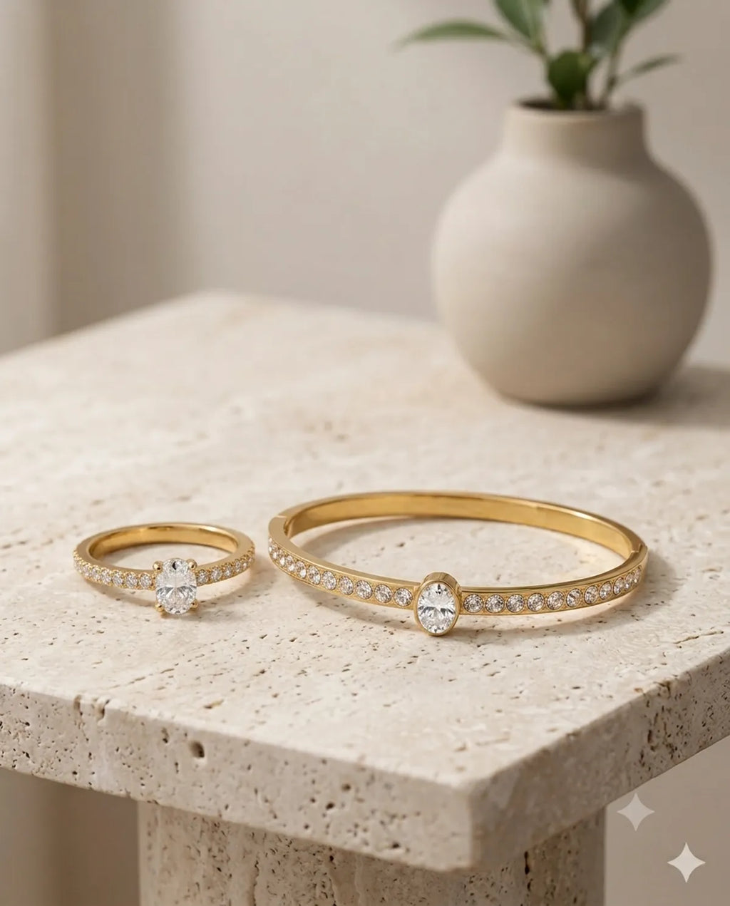 Gold Oval Solitaire Crystal Ring Bracelet Combo Set