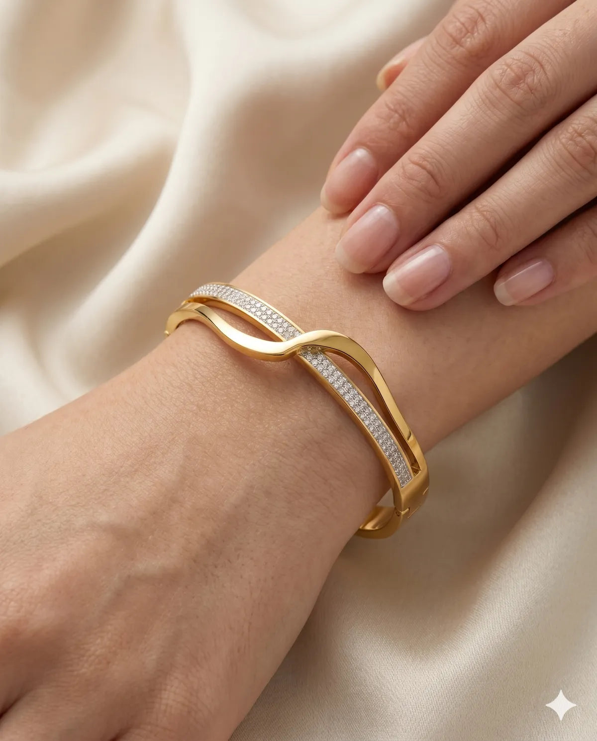 Gold Plated Wave Cross Over Crystal Bangle Bracelet For Women