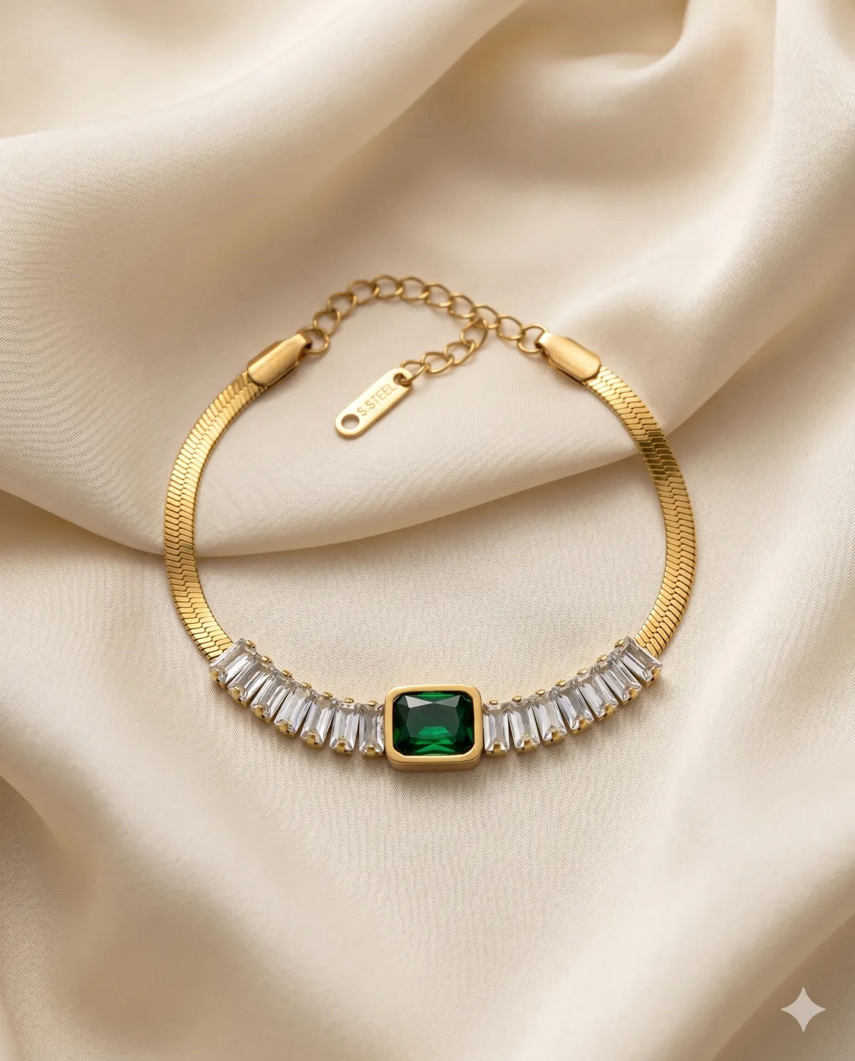 Gold Polished Minimalist Baguette Emerald Bracelet