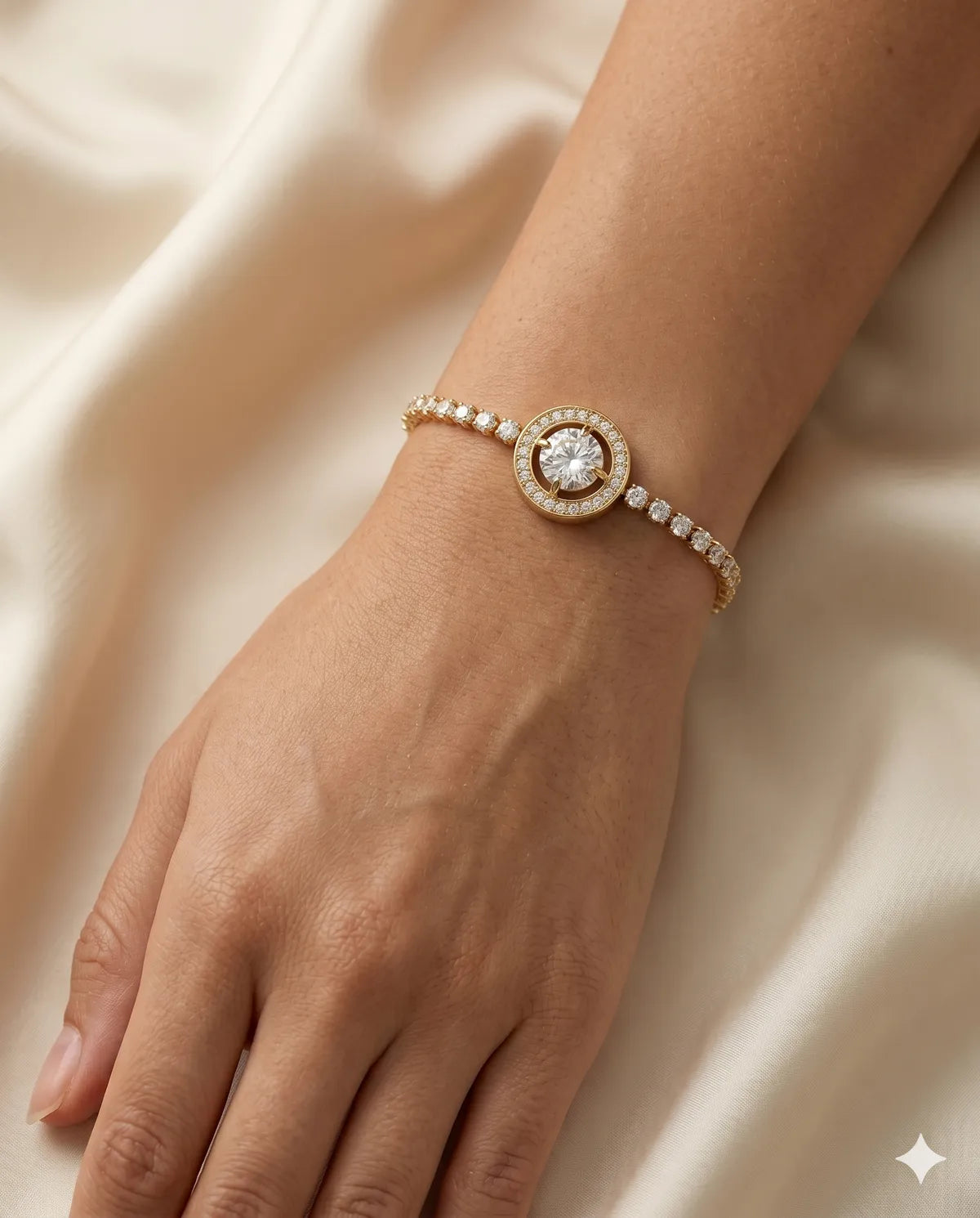 Gold Polished Round Halo Tennis Bracelet for Ladies