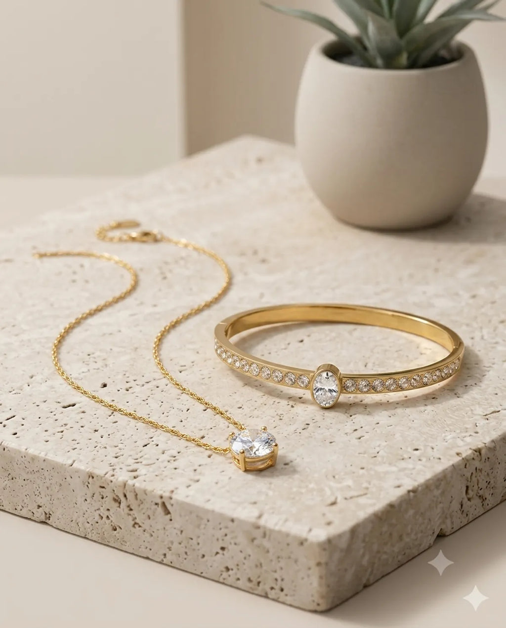 Gold Solitaire Crystal Pendant Necklace Bracelet Combo Set