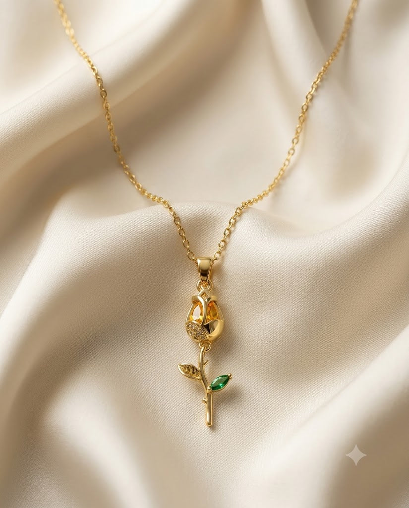Gold Finished Yellow Stone Rose Tulip Pendant Necklace