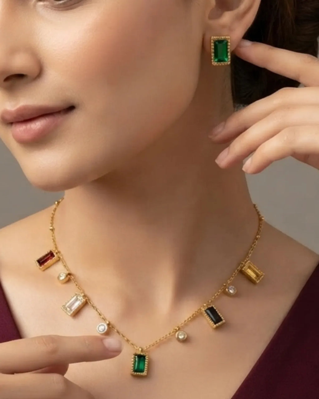 Gold Finished Multi-Color Stone Pendant Necklace Combo Set