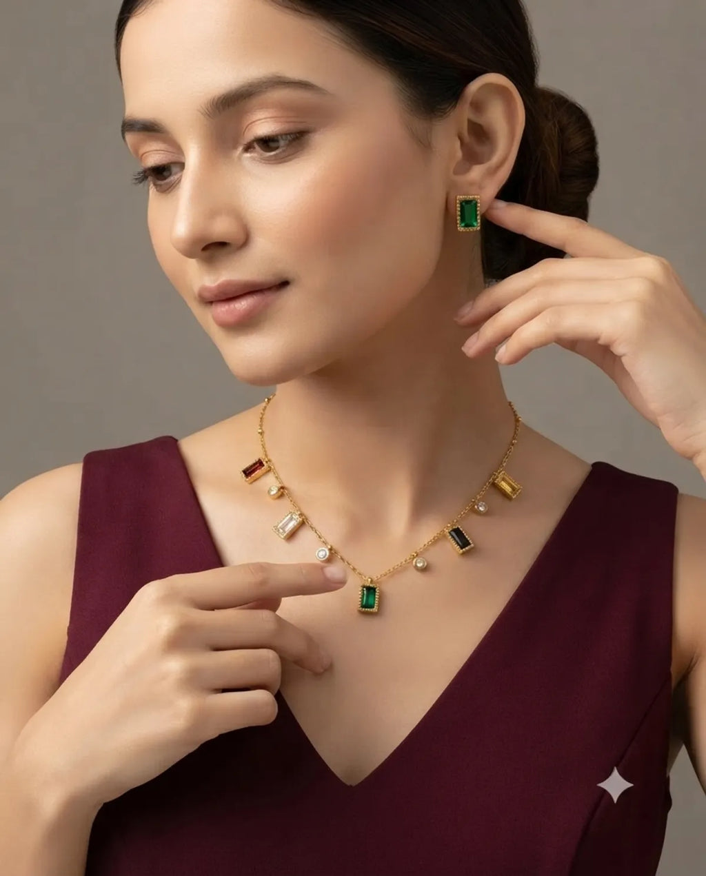 Gold Finished Multi-Color Stone Pendant Necklace Combo Set