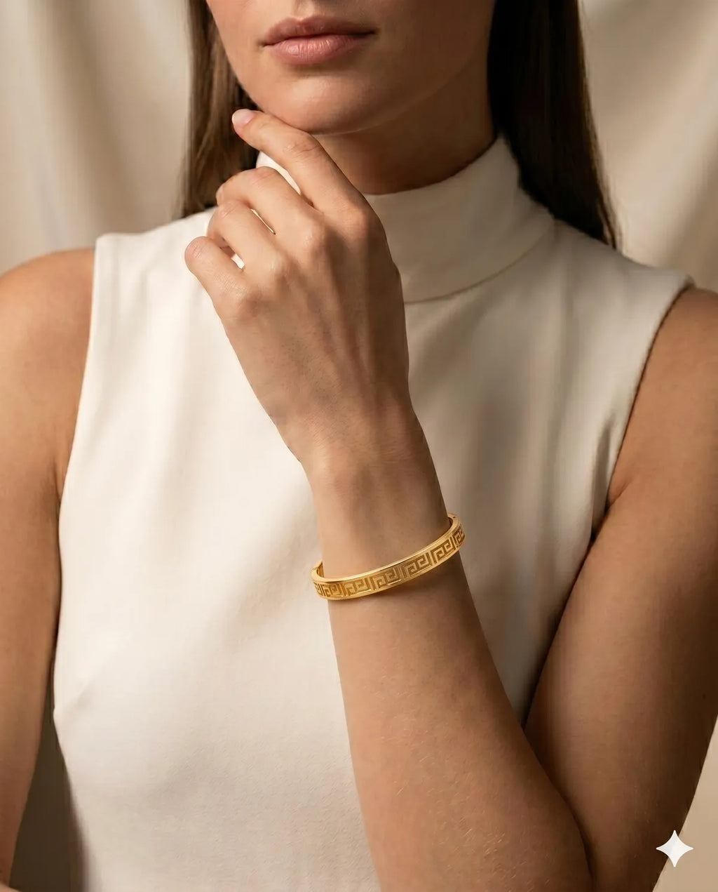 Gold Toned Greek Key Pattern Stainless Steel Bangle for Women