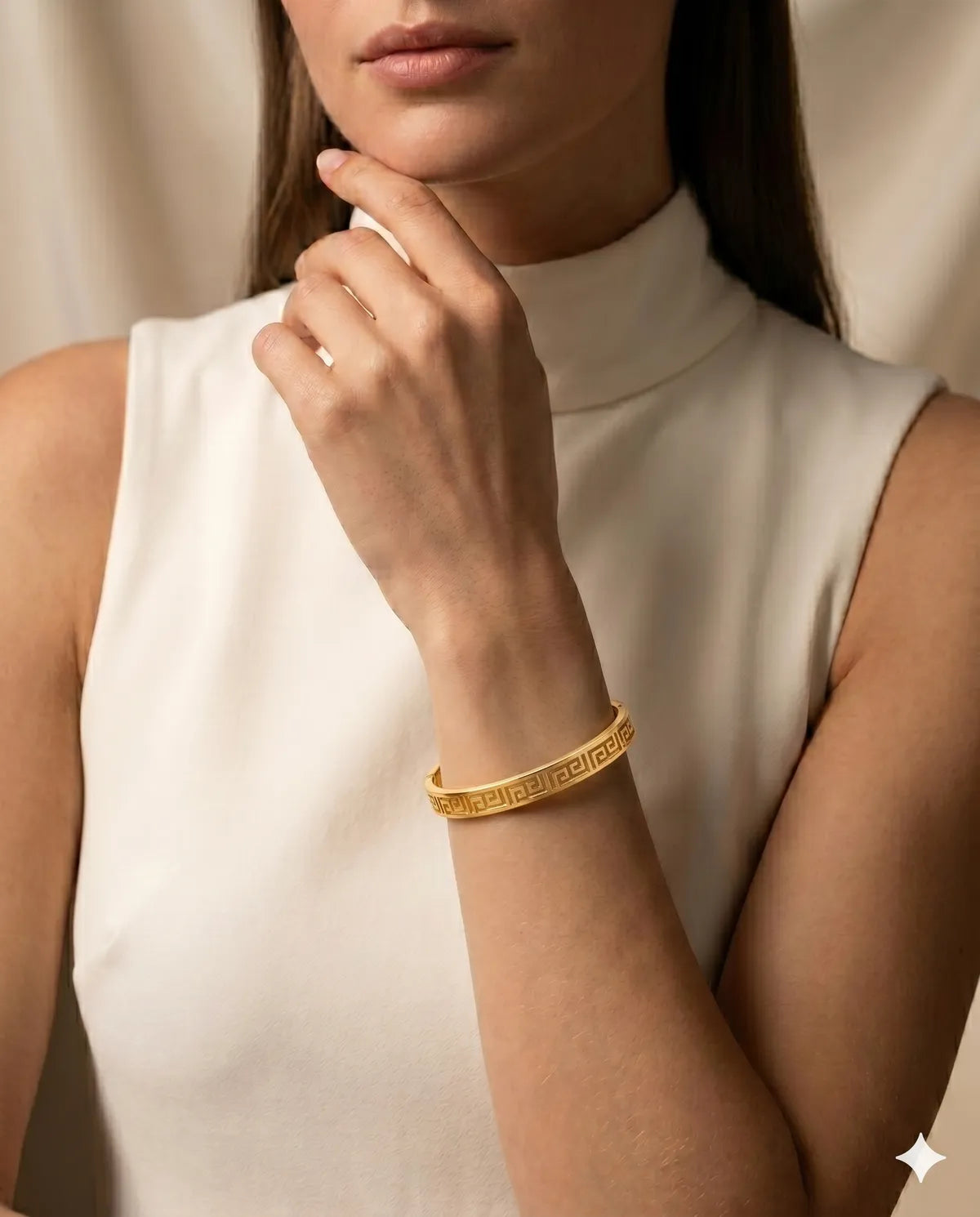 Gold Toned Greek Key Pattern Stainless Steel Bangle for Women