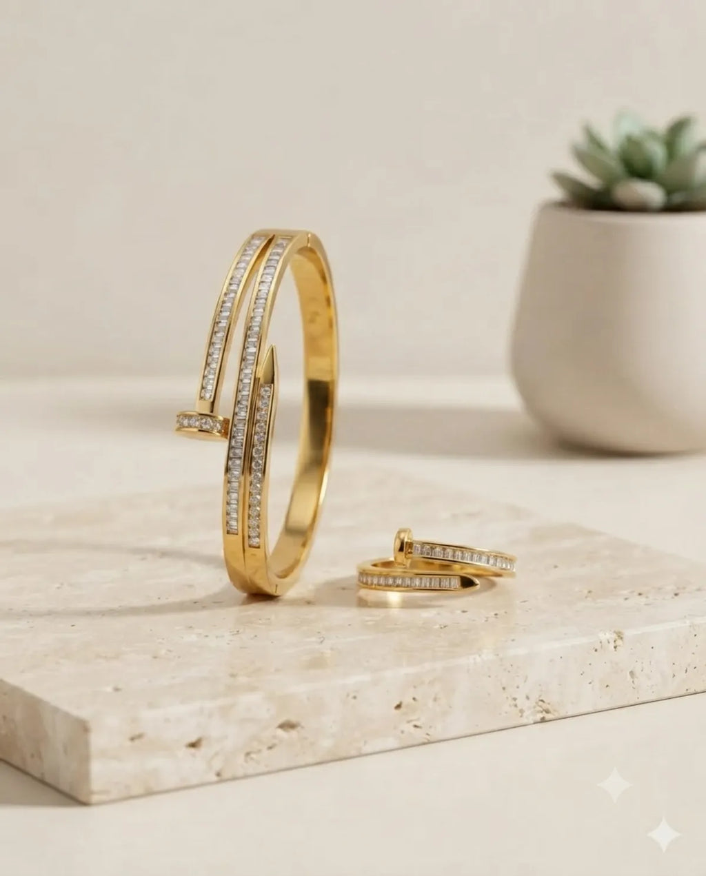 Gold Baguette Diamond Nail Style Jewelry Combo Set