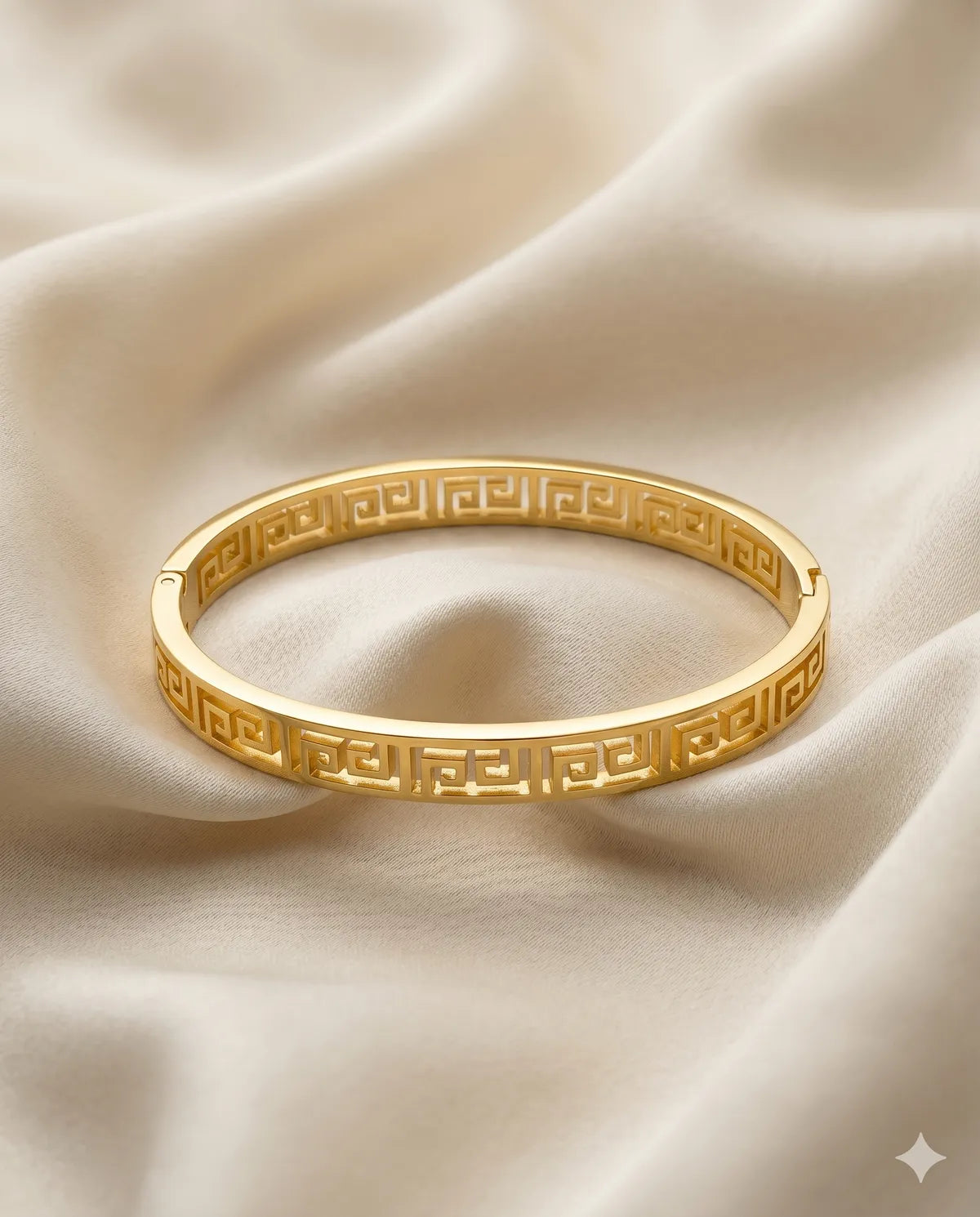 Gold Toned Greek Key Pattern Stainless Steel Bangle for Women