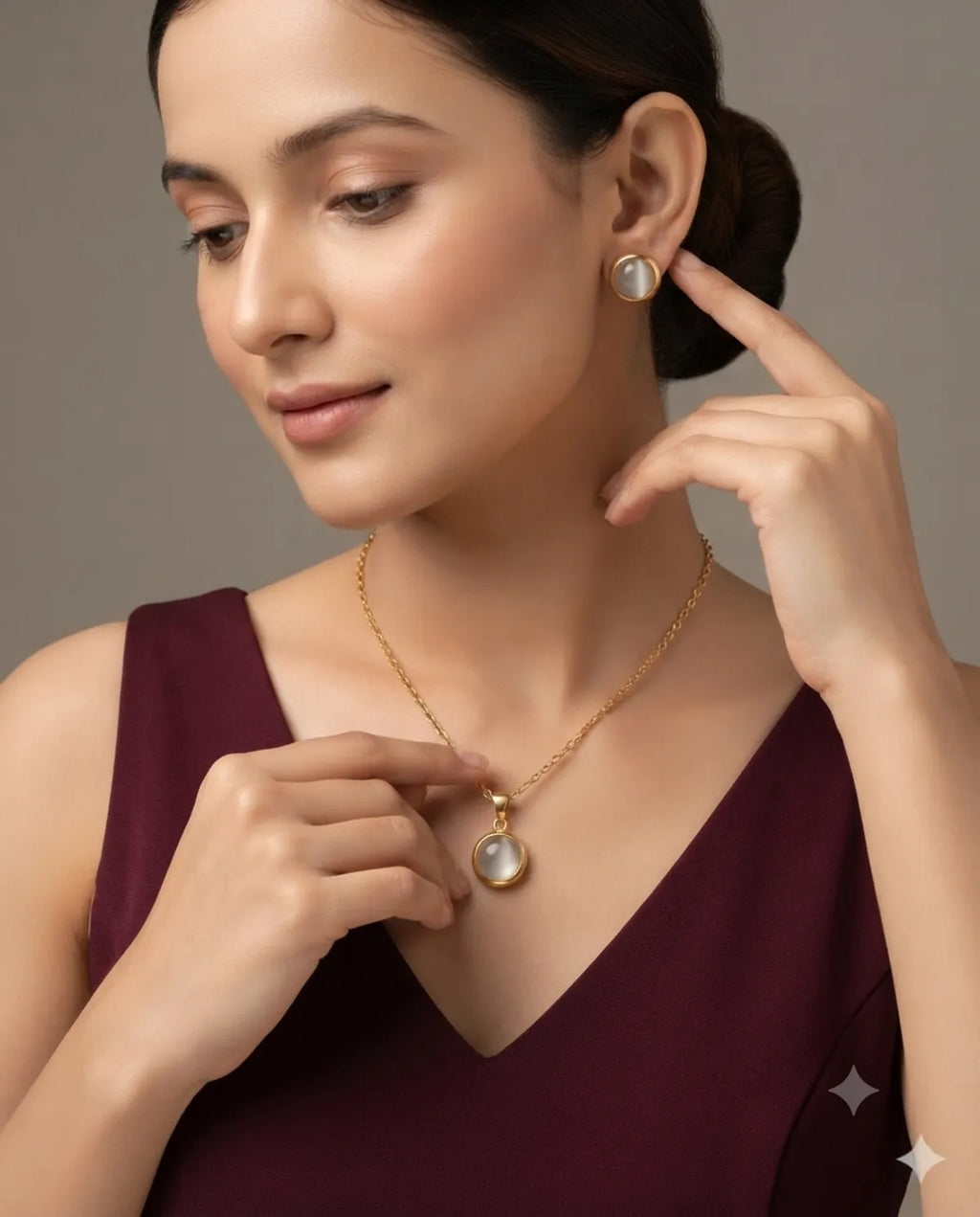 Gold Finished Moonstone Pendant Necklace Combo Set