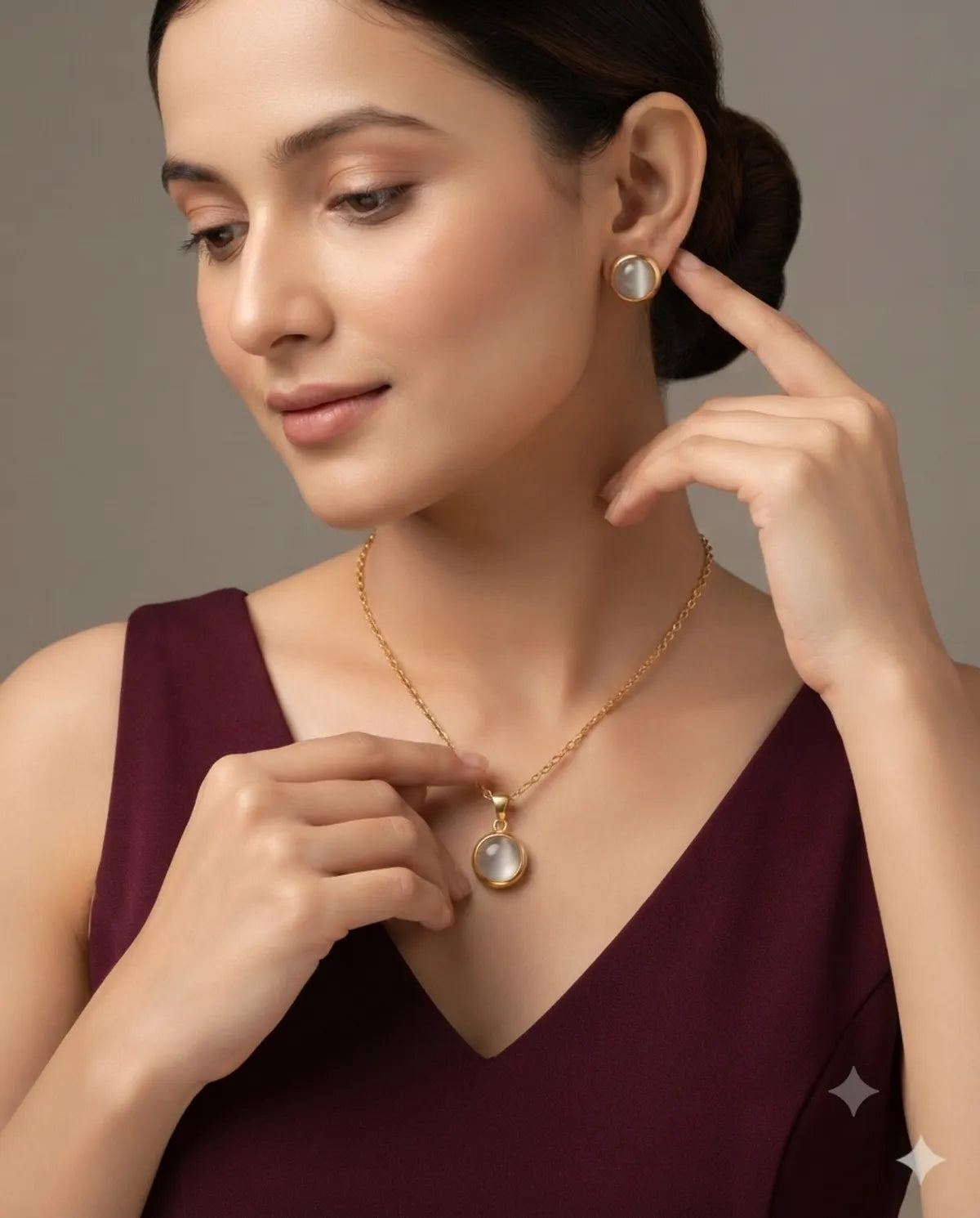 Gold Finished Moonstone Pendant Necklace Combo Set