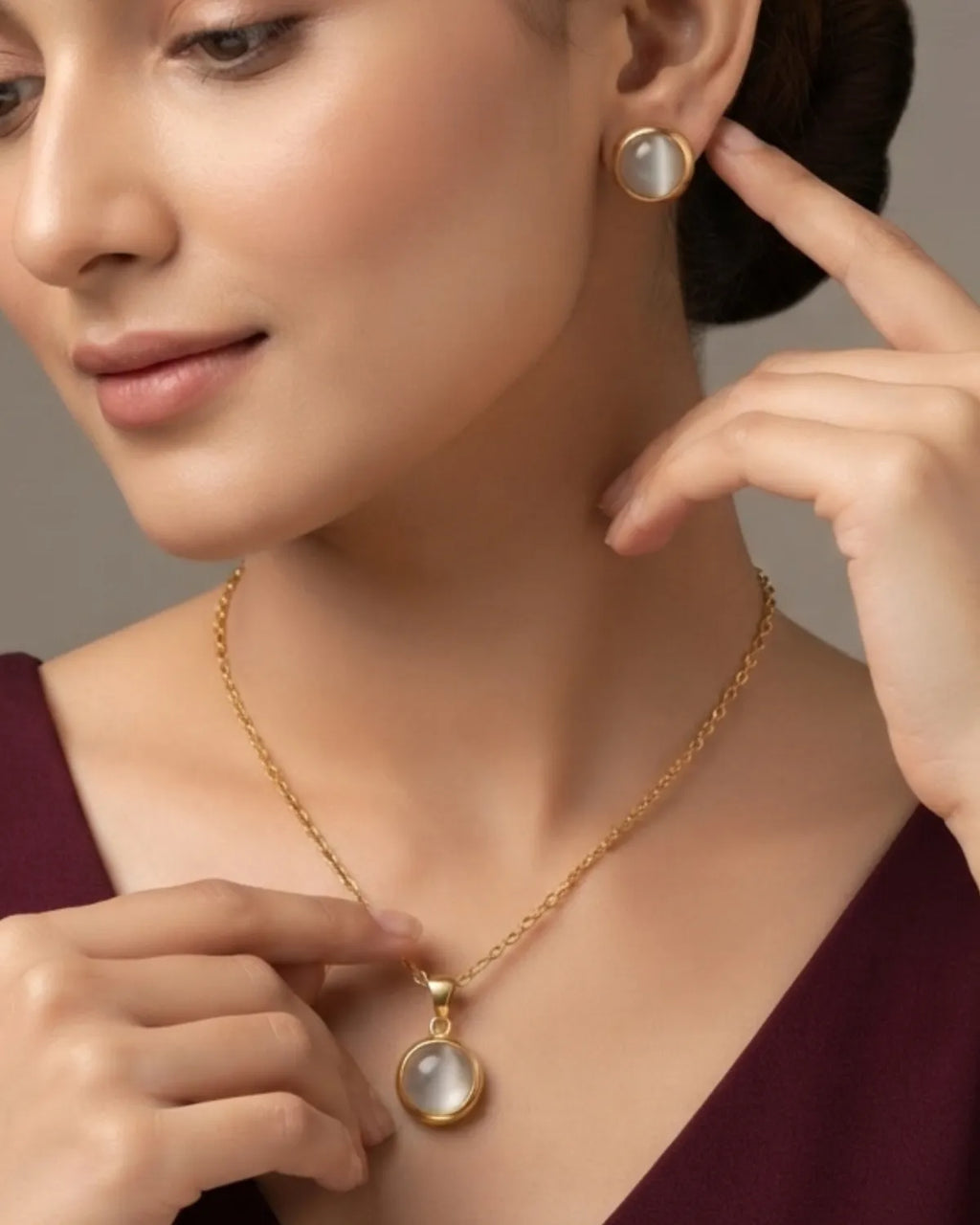 Gold Finished Moonstone Pendant Necklace Combo Set
