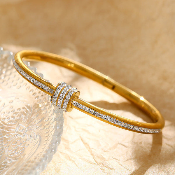 Stainless Steel Gold Plated American Diamond Studded Bangle Style Anti-Tarnish Bracelet For Women
