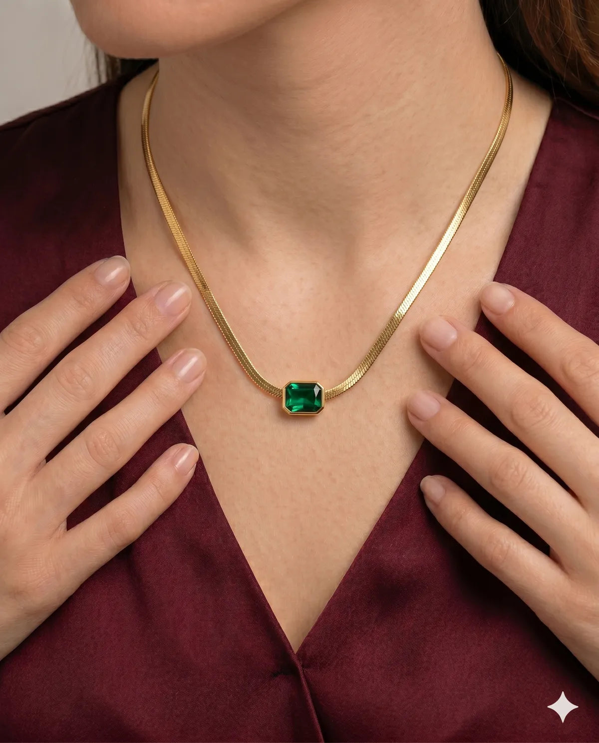 Gold Plated Emerald Stone Chain Necklace for Women