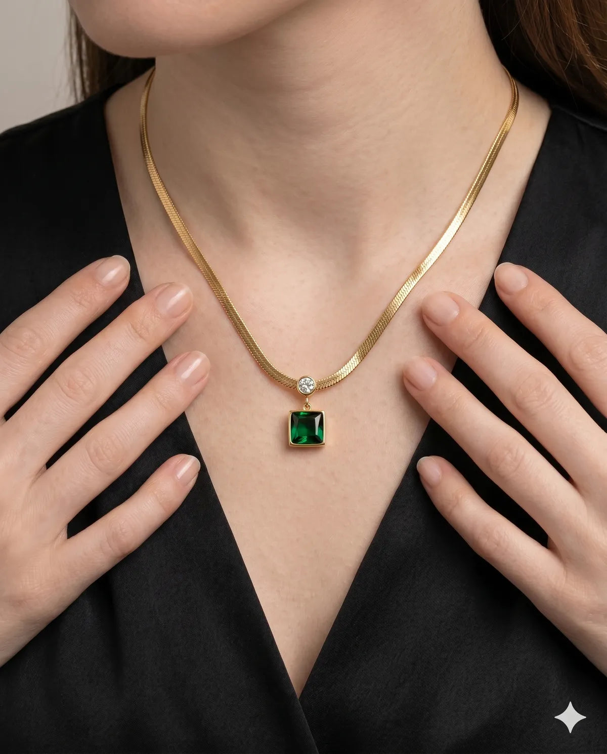 Premium Flat Herringbone Choker Square Emerald Pendant Necklace For Women