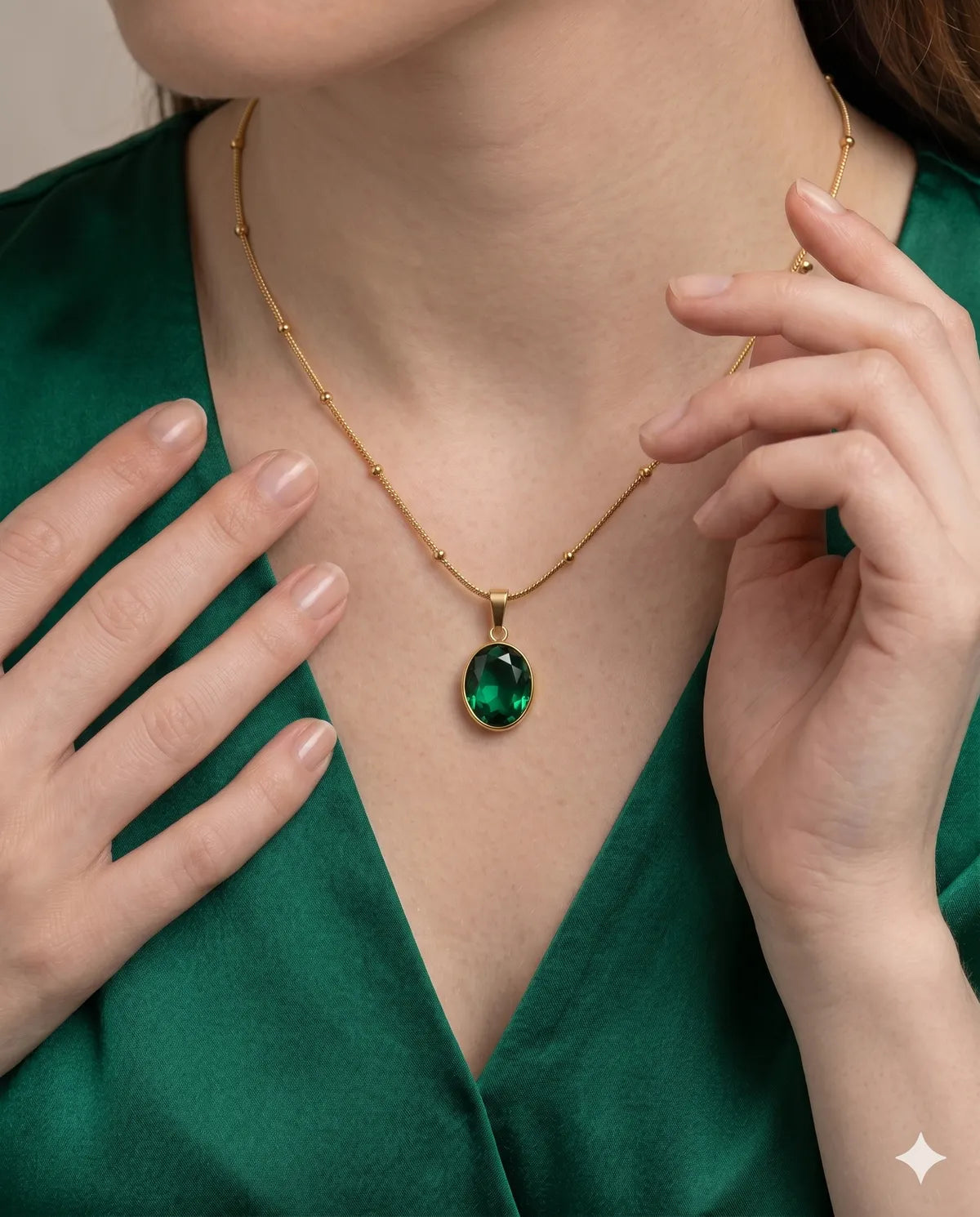 Gold Plated Green Gemstone Oval Pendant Necklace for Women