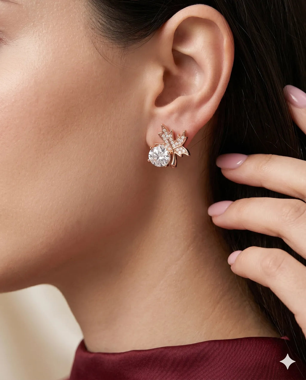 Rose Gold Maple Leaf Diamond Earrings for Women