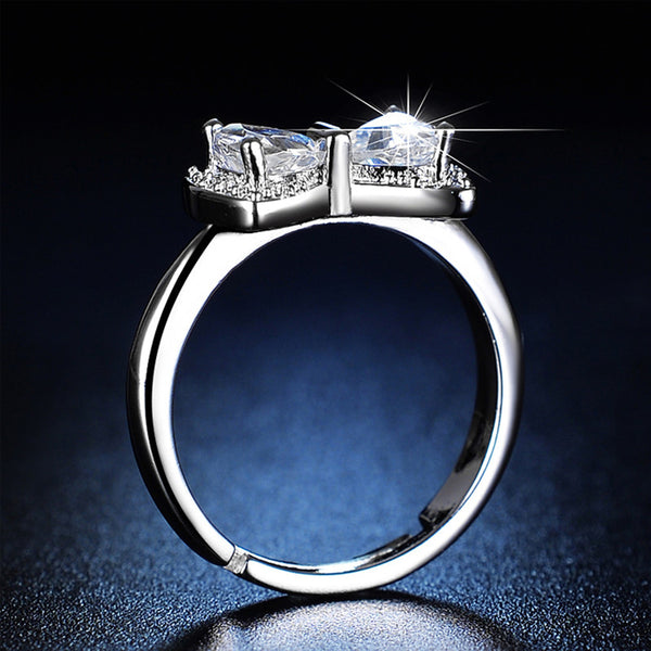Silver Plated Crystal Studded Bow Tie inspired Anti Tarnish Contemporary Adjustable Finger Ring