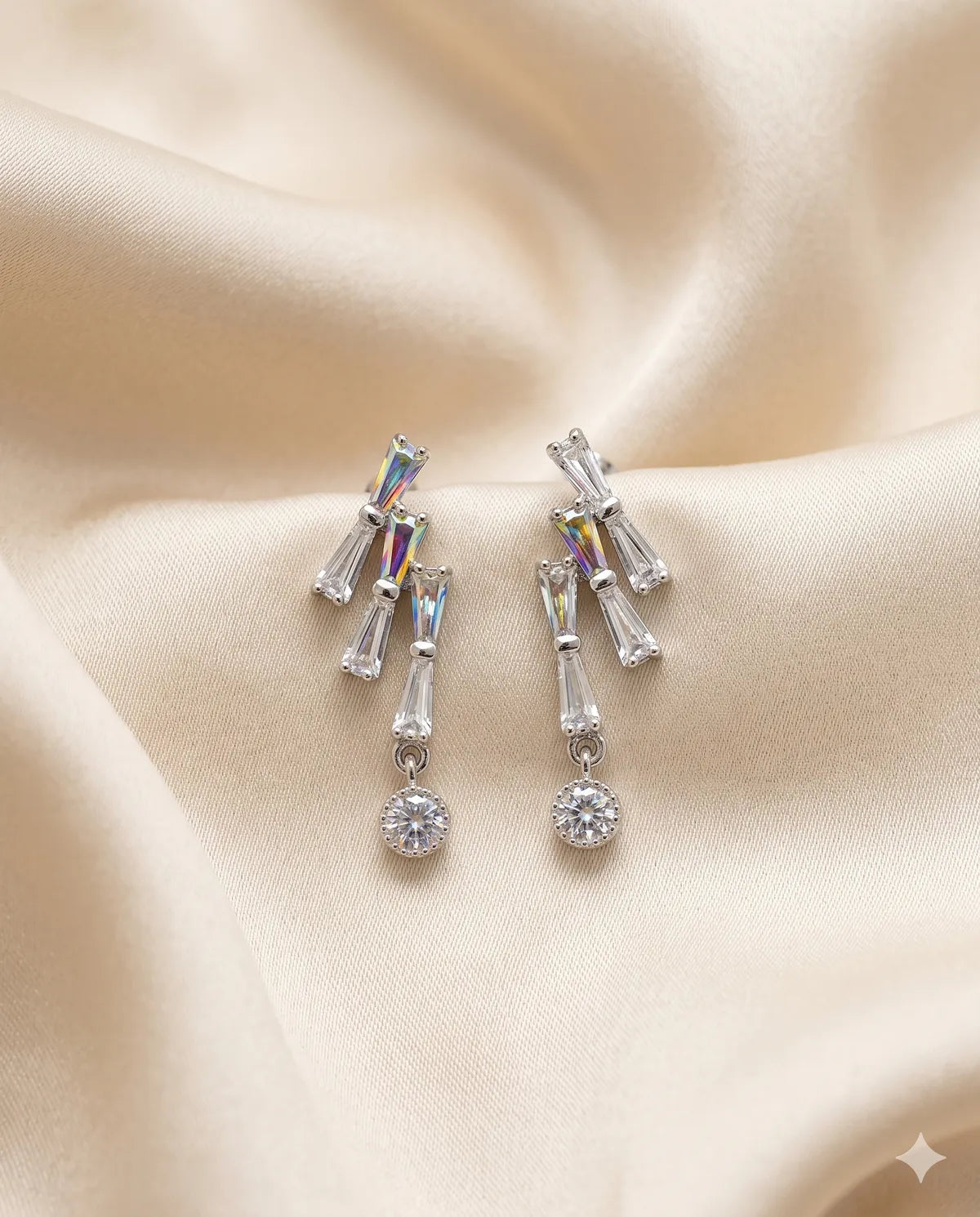 Silver Finished Baguette Crystal Dangle Earrings Elegant
