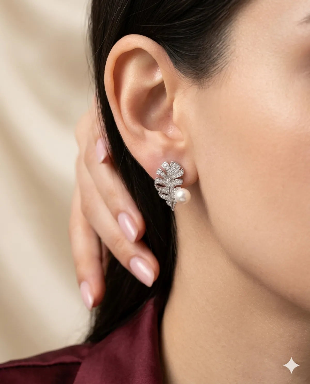 Silver Finished Pearl Pave Leaf Stud Earrings