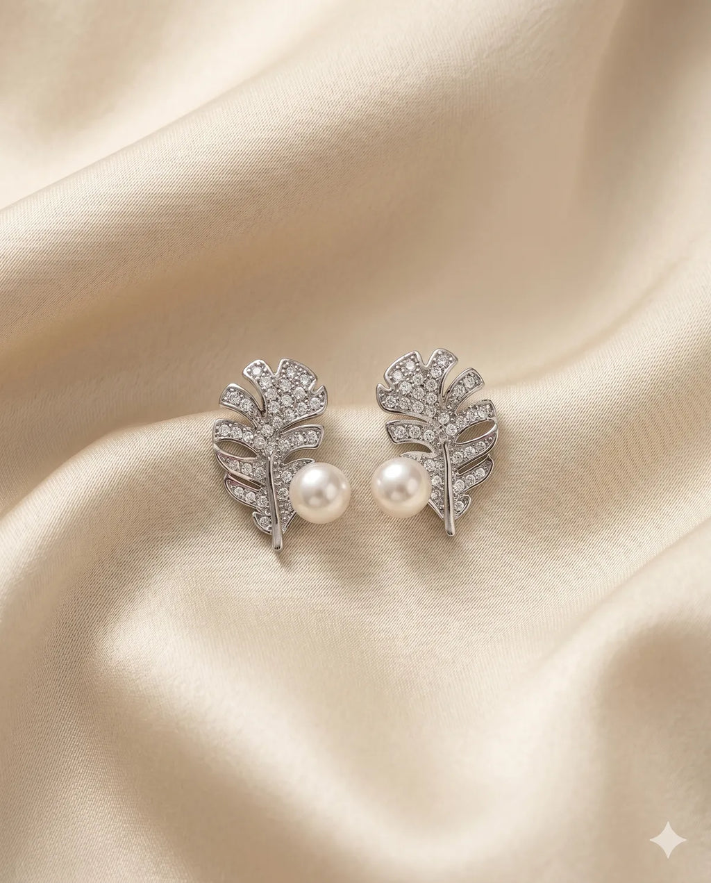 Silver Finished Pearl Pave Leaf Stud Earrings
