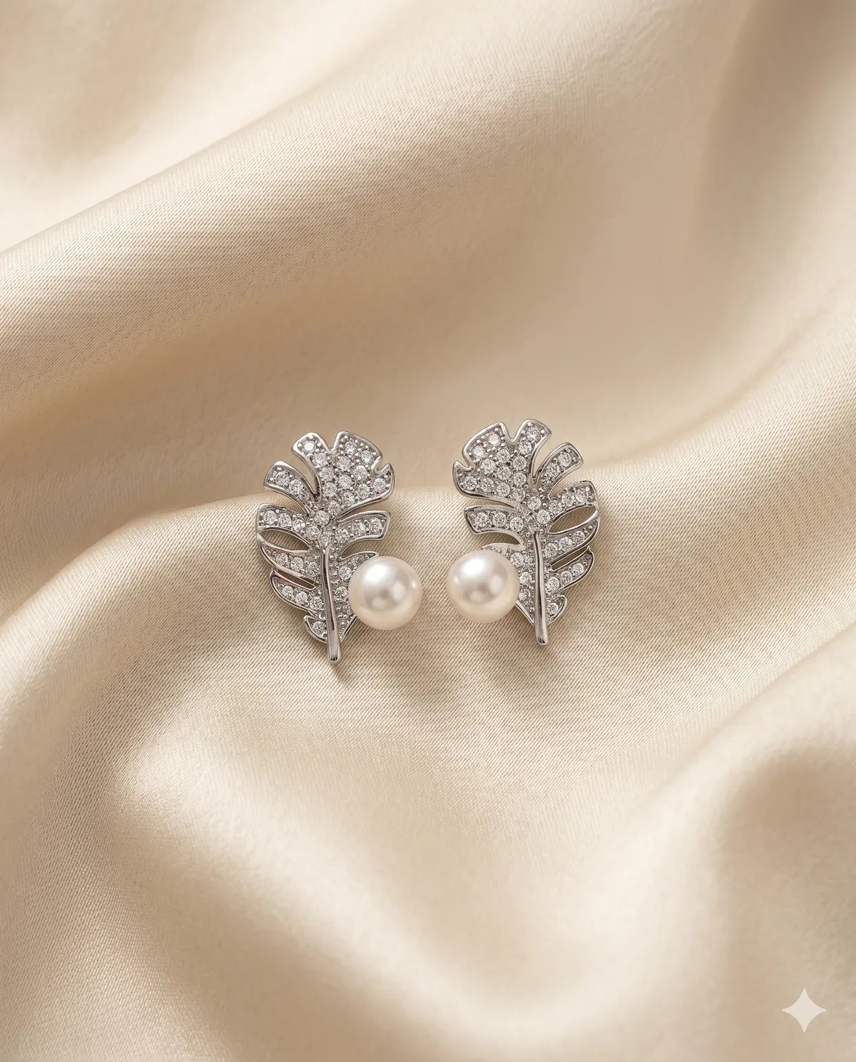 Silver Finished Pearl Pave Leaf Stud Earrings
