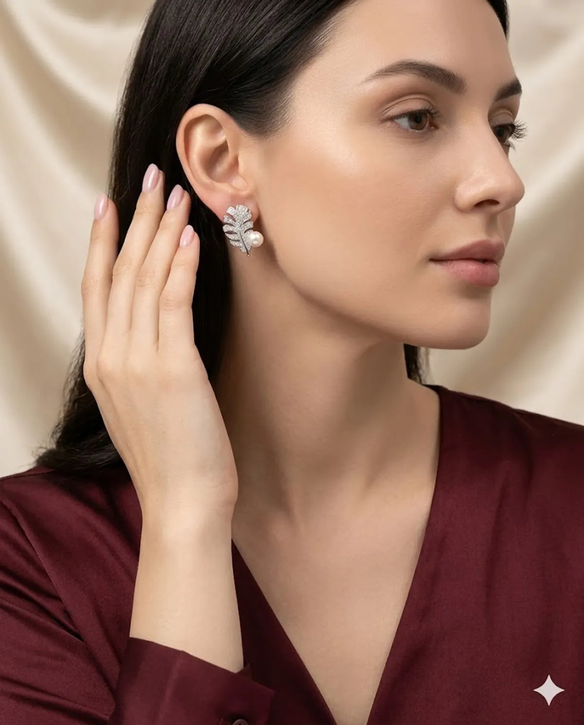 Silver Finished Pearl Pave Leaf Stud Earrings