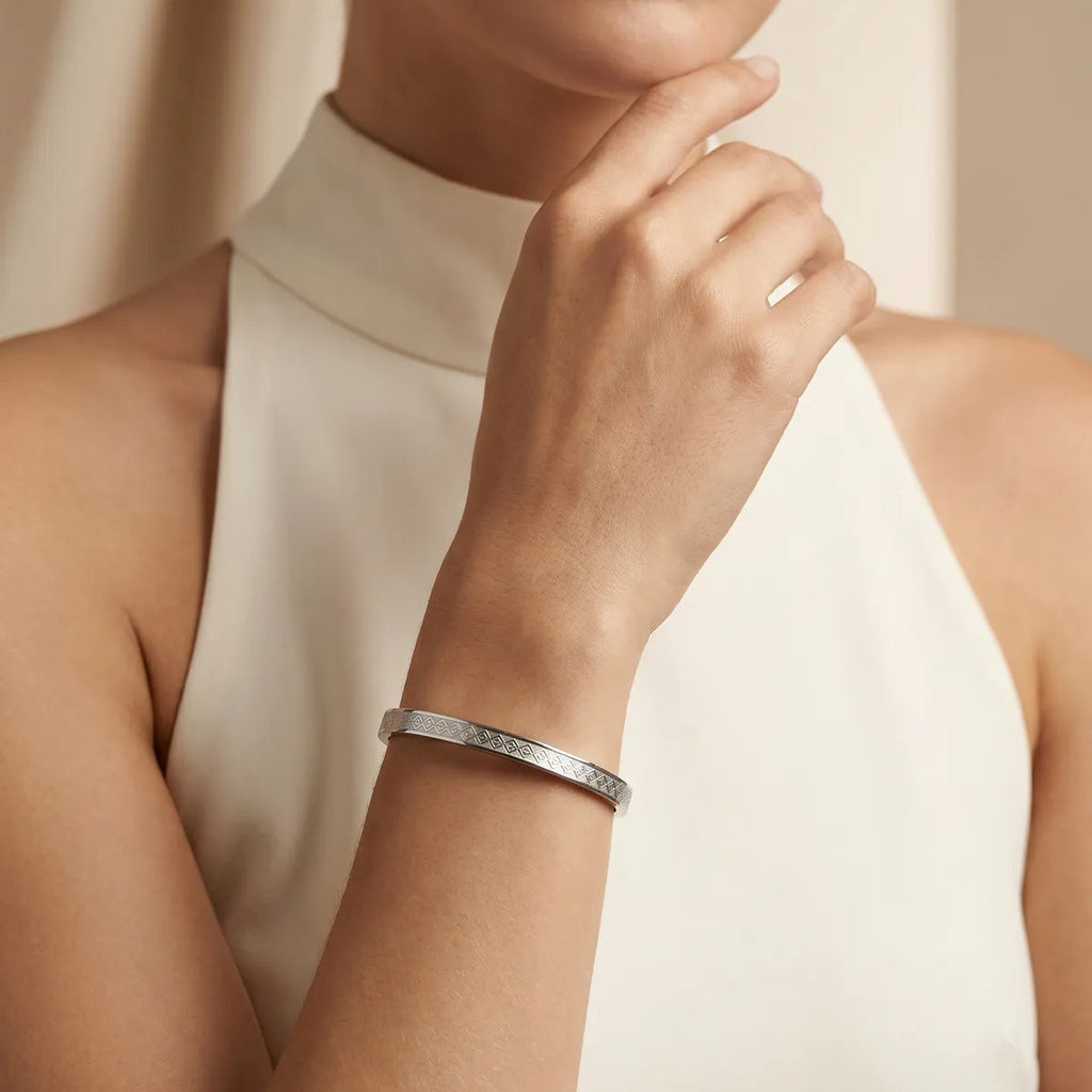 Silver Plated Geometric Chevron Textured Bangle Bracelet