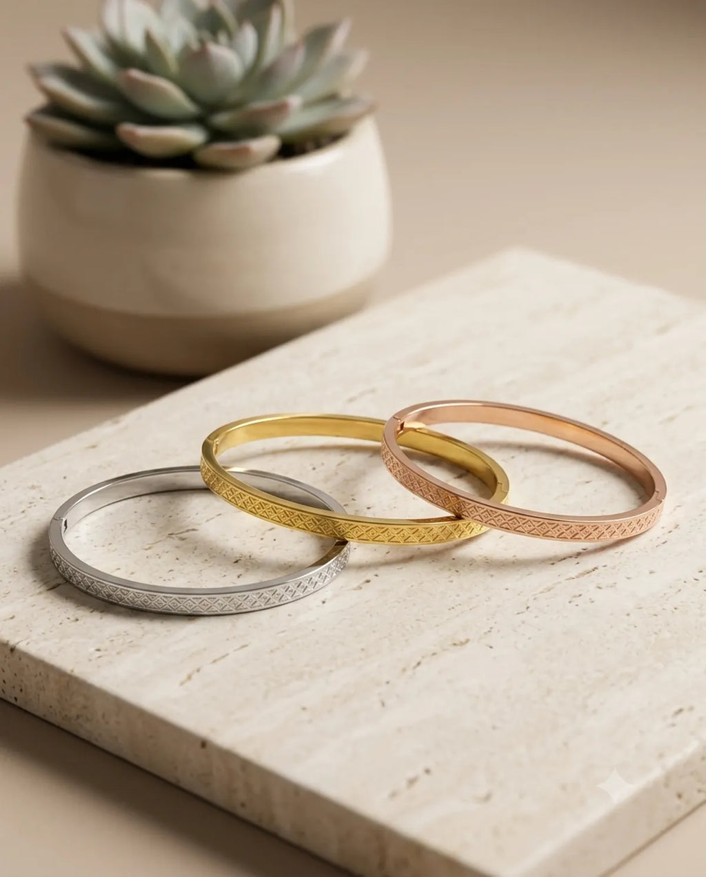 Tri-Tone Textured Minimalist Bangle Bracelet Combo Set