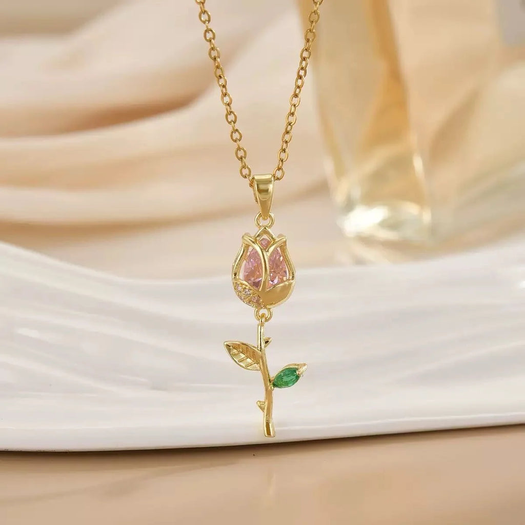 Gold Finished Pink Stone Rose Pendant Necklace Women